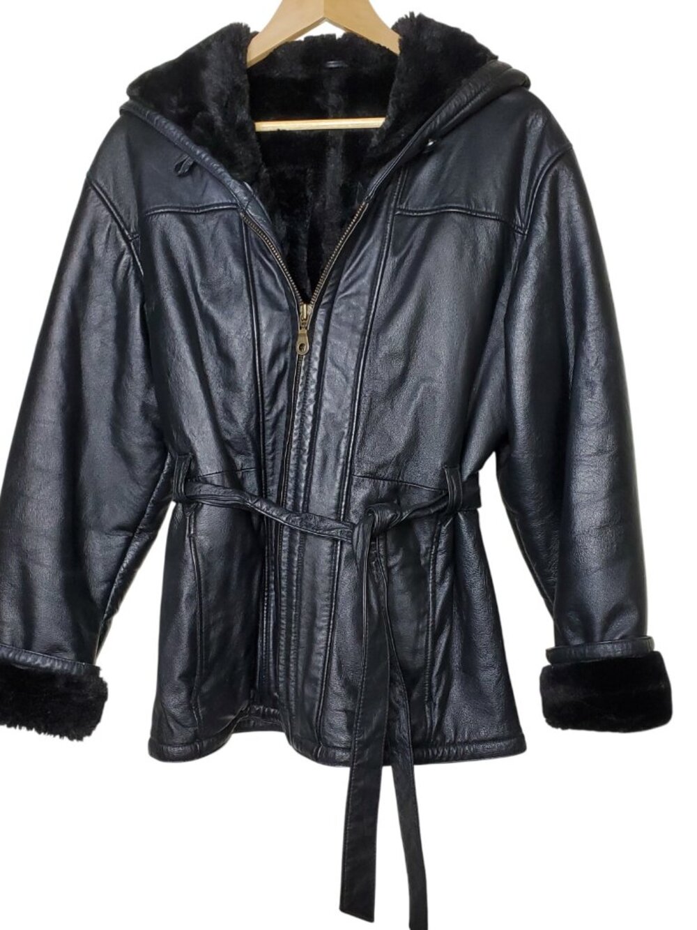 Wilsons Women's Black Leather Faux-Fur Lined Belted Leather Coat- Size M